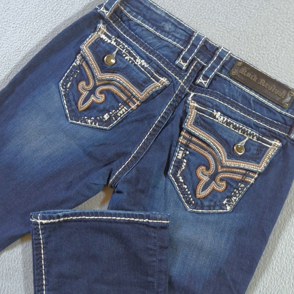 Rock Revival Kai Bootcut Jeans Womens 27 (Fits 28x31) Blue Jeweled Thick Stitch